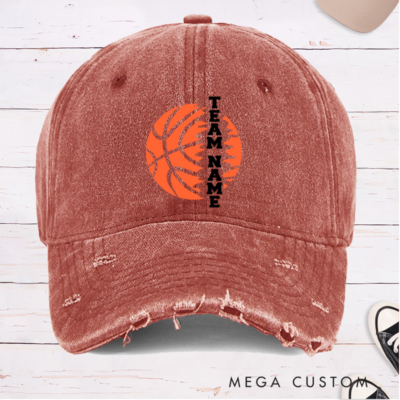 Personalized Distressed Denim Basketball Cap with Vertical Custom Team Name Design