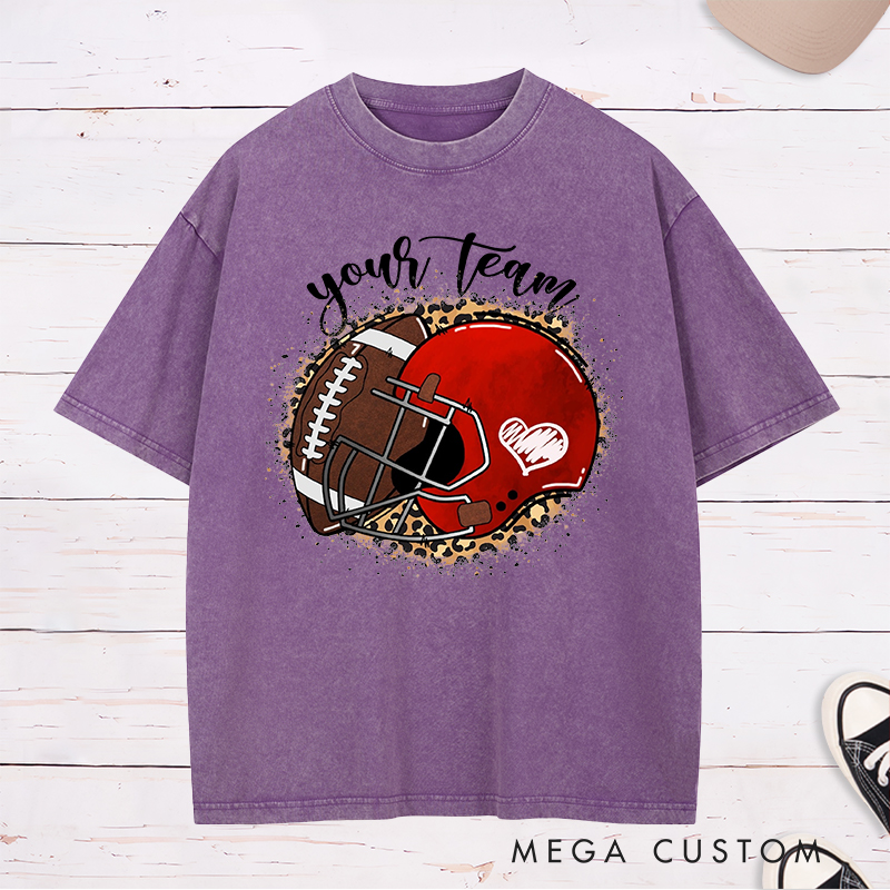 Personalized American Football Ball And Helmet Washed T-Shirts Featuring Custom Team Name