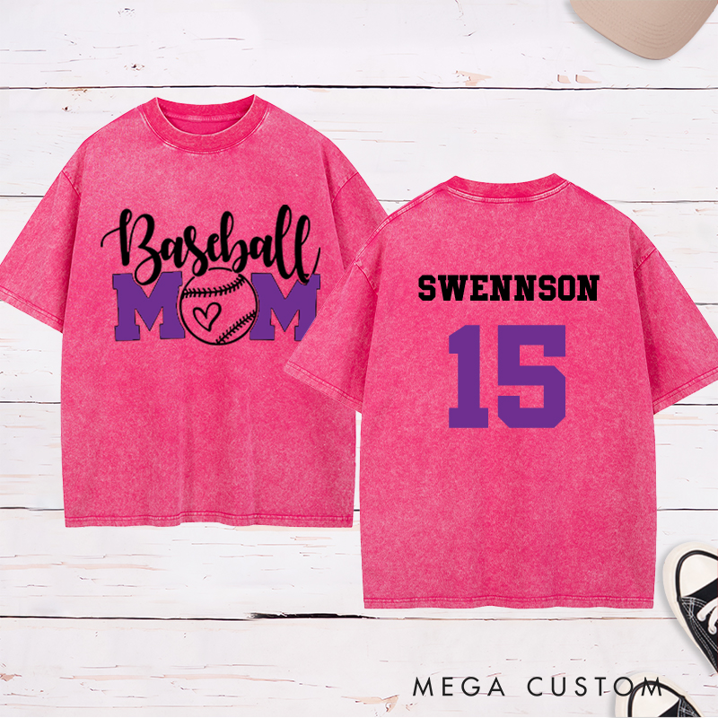 Personalized Baseball Mom Washed T-Shirt with Heart-Inspired Design and Custom Name and Number