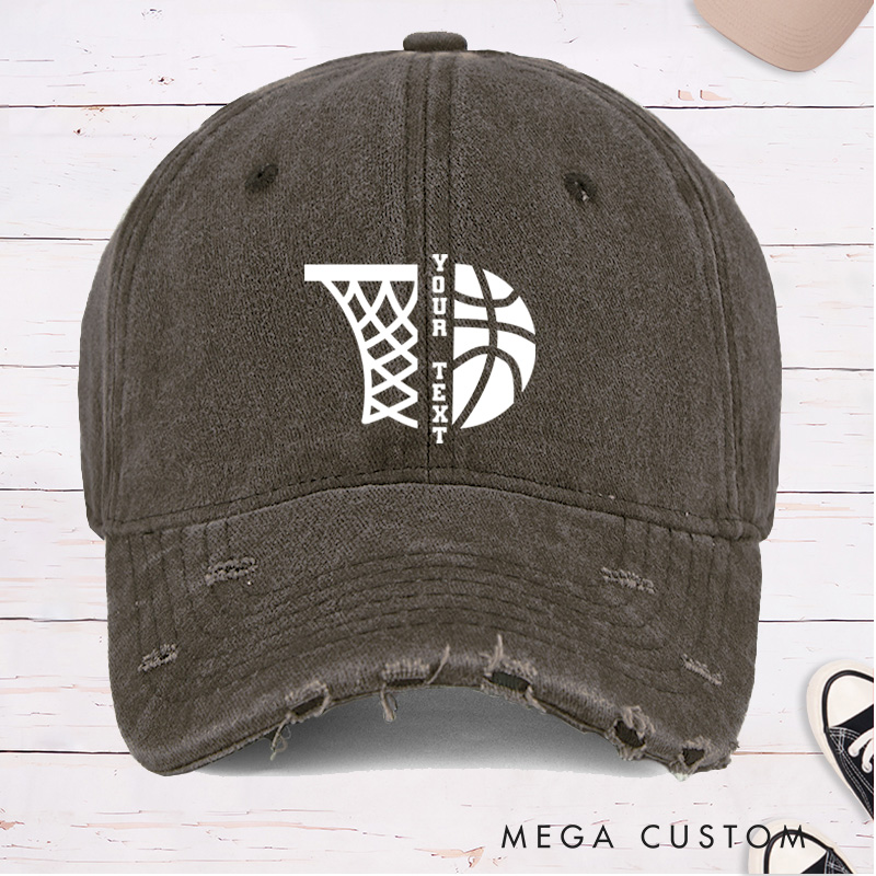 Personalized Distressed Denim Basketball Cap with Custom Text and Basketball Hoop Graphic Design