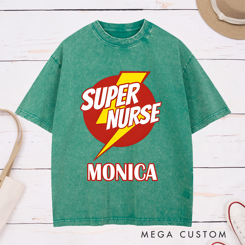 Personalized Nurse Washed T-Shirt Customized Super Nurse Design Washed T-Shirt 