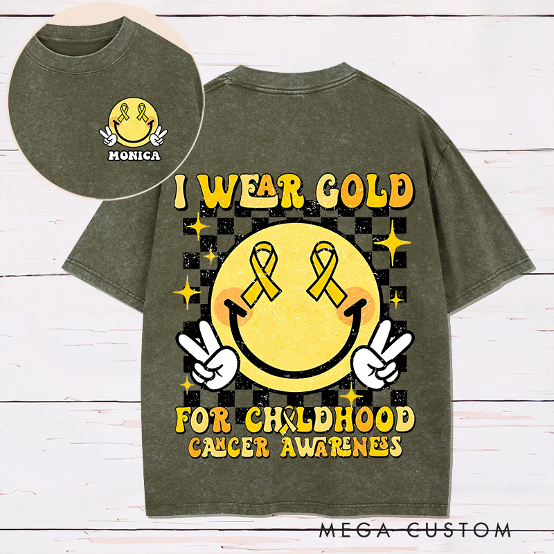 Personalized Two Sides Printed Washed T-Shirt Customized I Wear Gold for Childhood Cancer Awareness Design Washed T-Shirt 