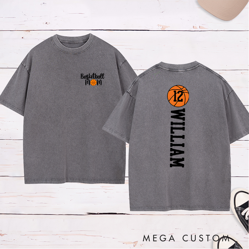 Personalized Washed T-Shirt Design Celebrating Basketball Moms with Customizable Player Name and Number for a Stylish and Supportive Look
