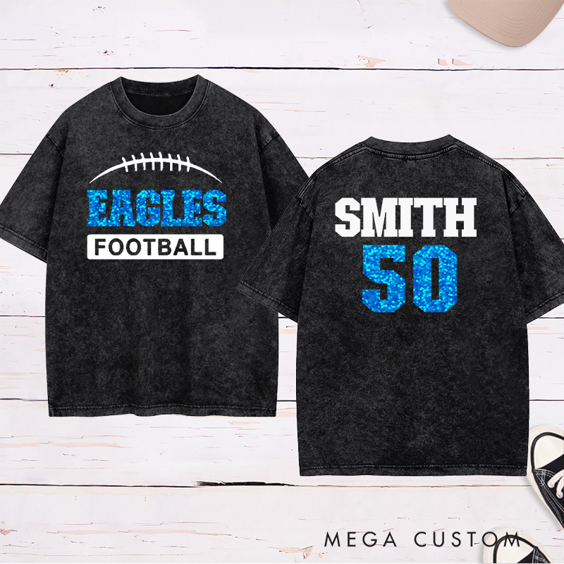 Personalized American Football Washed T-Shirt with Custom Team Name on the Front and Number on the Back