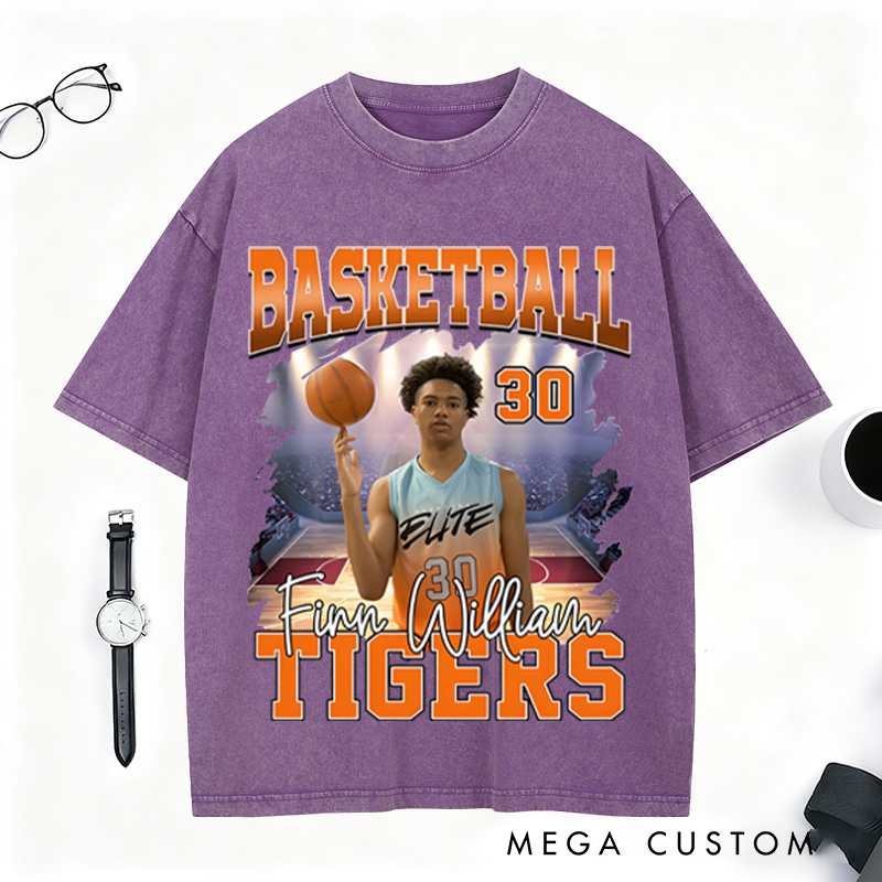 Personalized Basketball Washed T-Shirt Featuring Custom Photo and Team Design