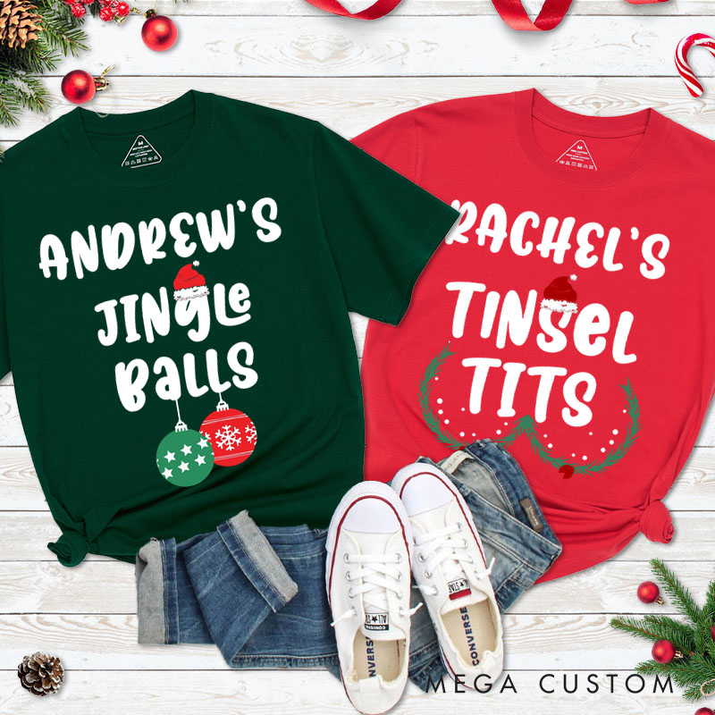 Personalized Couple Humor Jingle Balls and Tinsel Tits with Santa Hat T-Shirt Couple Xmas Matching T-Shirt for Husband Wife Boyfriend Girlfriend Tees