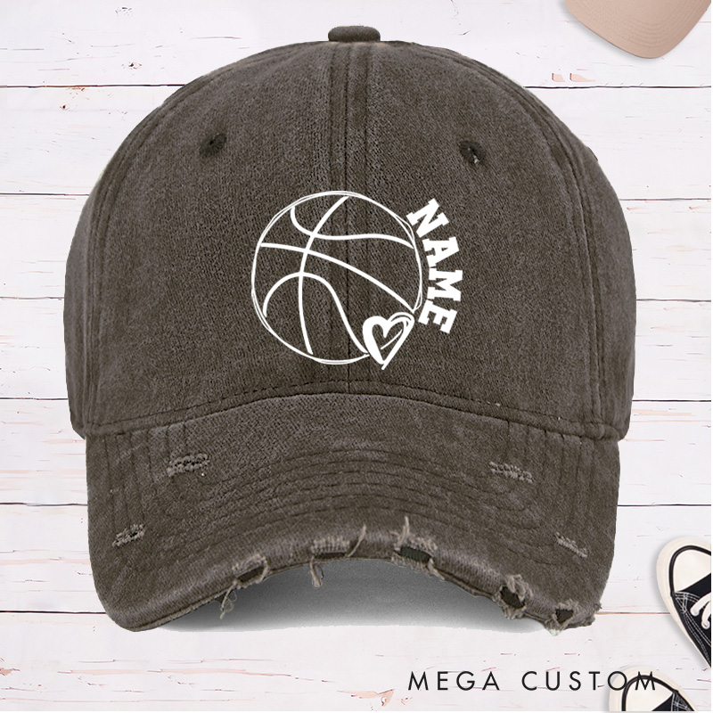 Personalized Distressed Denim Basketball Cap with Custom Name Heart and Basketball Graphic Design
