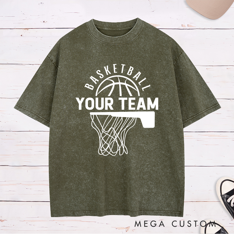 Personalized Washed T-Shirt Design Featuring a Basketball Hoop and Arched Basketball Text with a Customizable Team Name