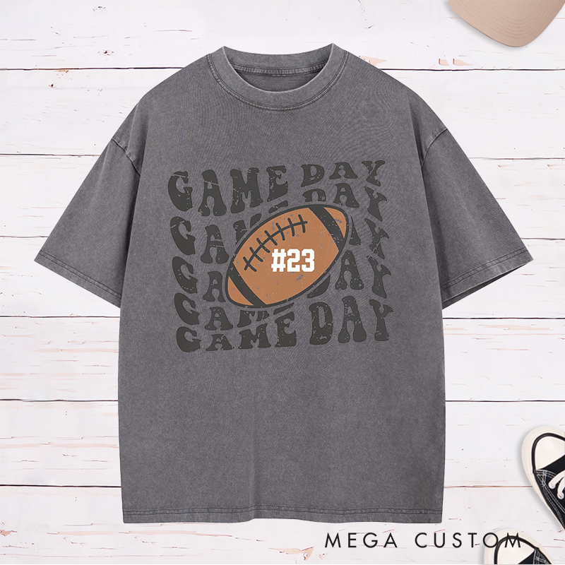 Personalized American Football and Rugby Washed T-Shirts Featuring Custom Your Your Favorite Number on the Front