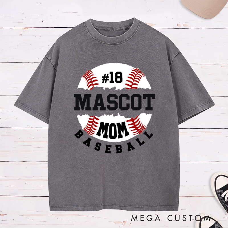Personalized Baseball Mom Washed T-Shirt with Custom Name and Player Number Design