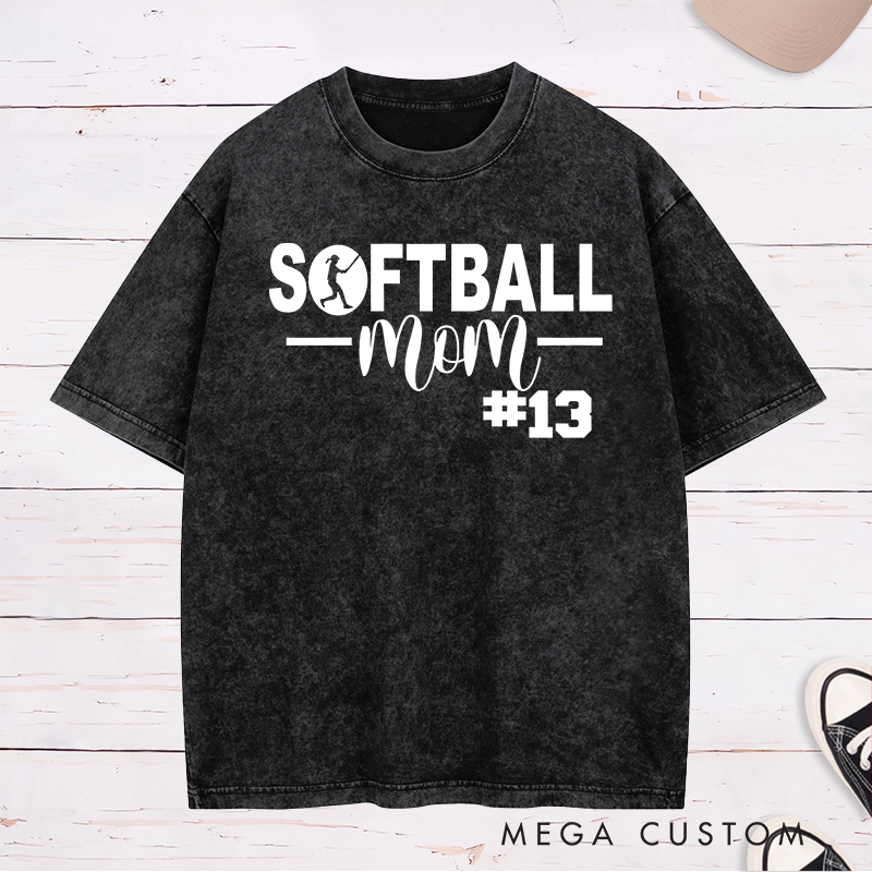 Personalized Softball Mom Washed T-Shirt Design Featuring Bold Text Player Number and a Stylish Softball Silhouette Graphic