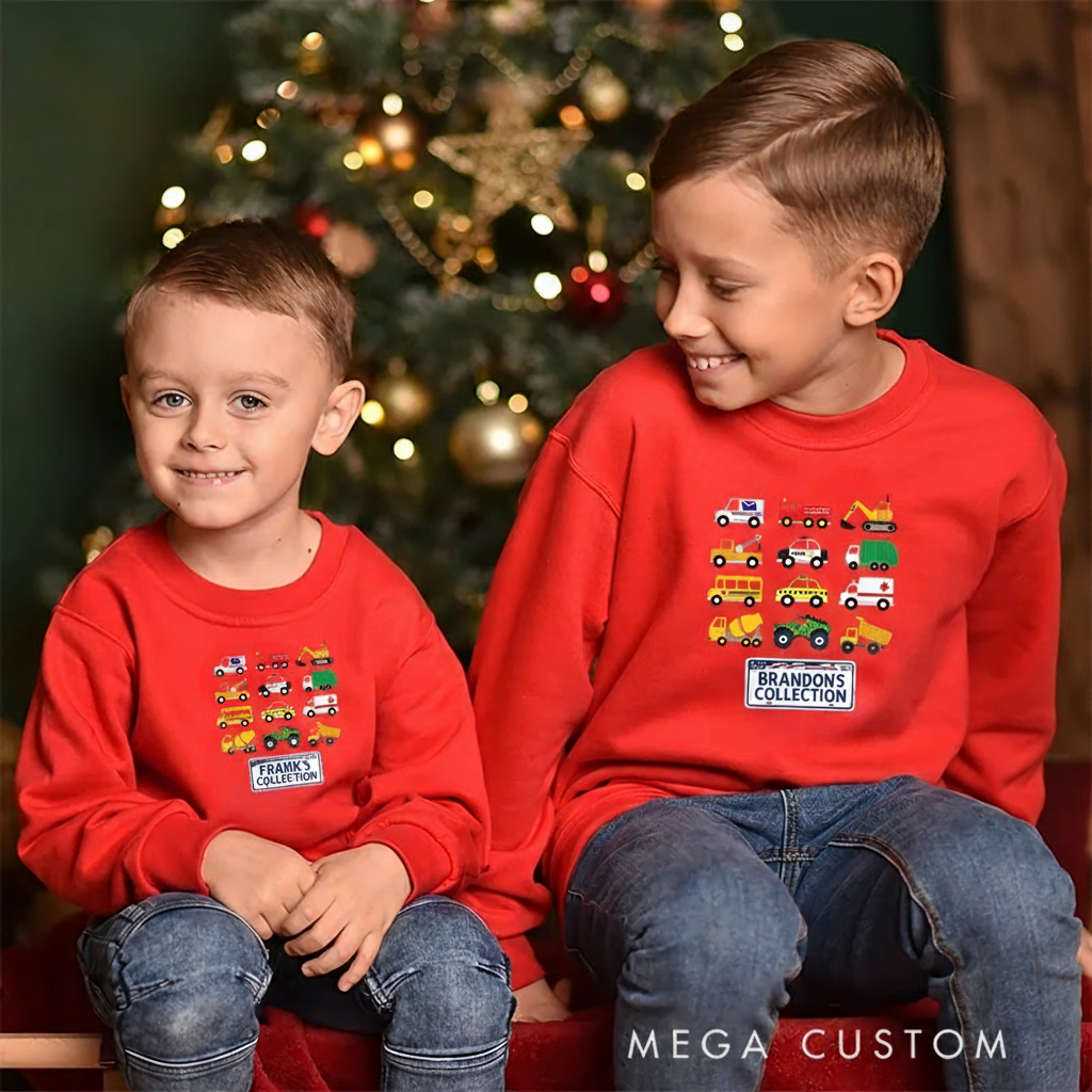 Personalized Kids Sweatshirt and Holiday Pullover with Colorful Vehicle Collection Design Featuring Cars Trucks and Excavators for a Fun Christmas Look