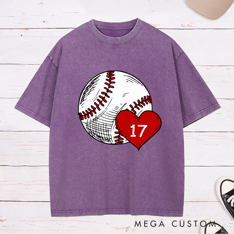 Personalized Baseball Fan Washed T-Shirts with Heart and Number Graphic for a Loving Touch