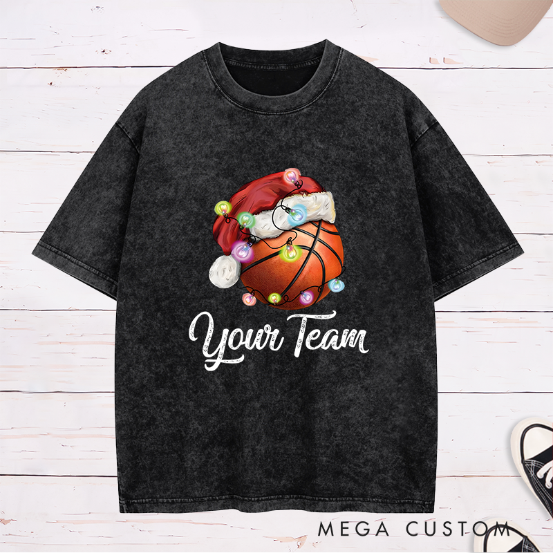 Personalized Festive Washed T-Shirt with Custom Team Name and Basketball Santa Hat Design
