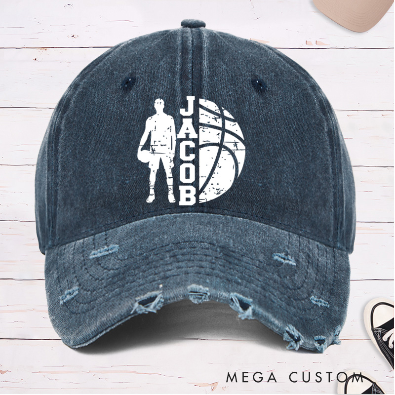 Personalized Distressed Denim Basketball Cap with Custom Name Player Silhouette and Bold Graphic Design