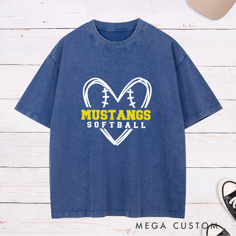 Personalized Softball Washed T-Shirt Design Featuring Heart-Shaped Softball Stitch Graphic with Custom Team Name in Bold Text and Softball Label in Clean Font