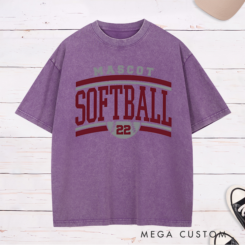 Personalized Softball Team Washed T-Shirt Design Featuring Custom Team Name Bold Typography and Customizable Jersey Number Integration