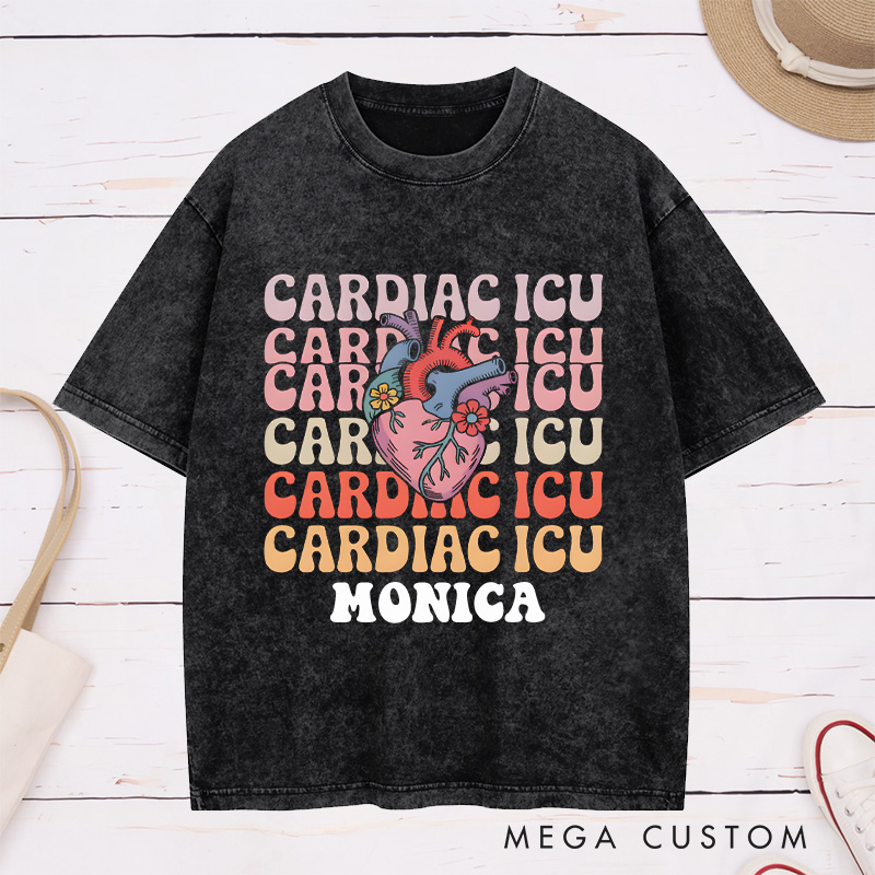 Personalized Nurse Washed T-Shirt Customized Cardiac ICU Design Washed T-Shirt 