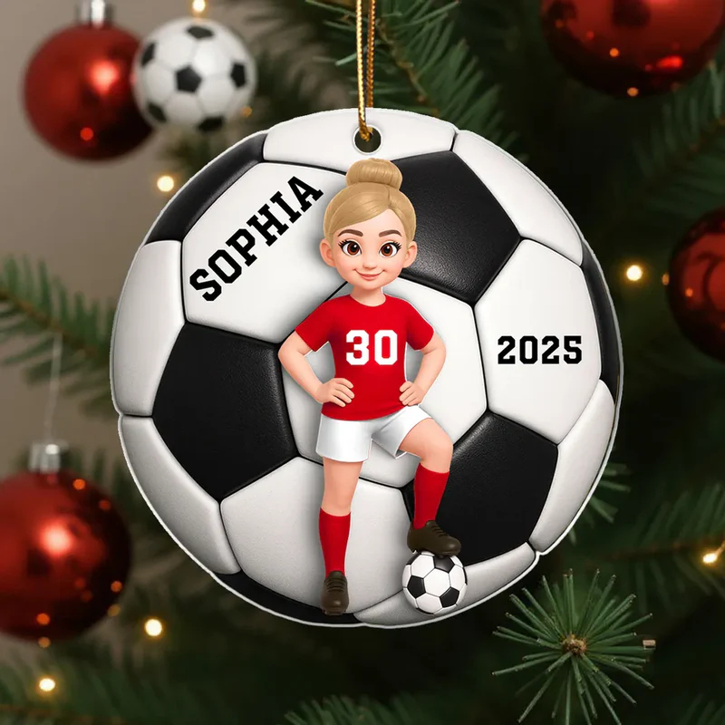 Personalized Soccer Christmas Ornament with Custom Name, Number, and Year Design