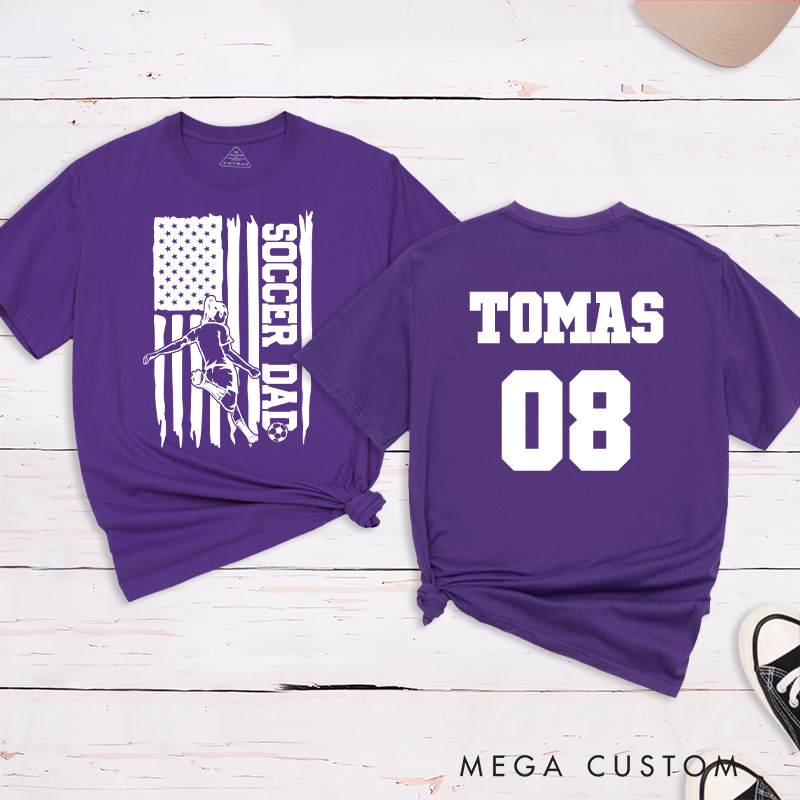 Personalized Soccer Dad T-Shirt with Patriotic Flag Design and Custom Name