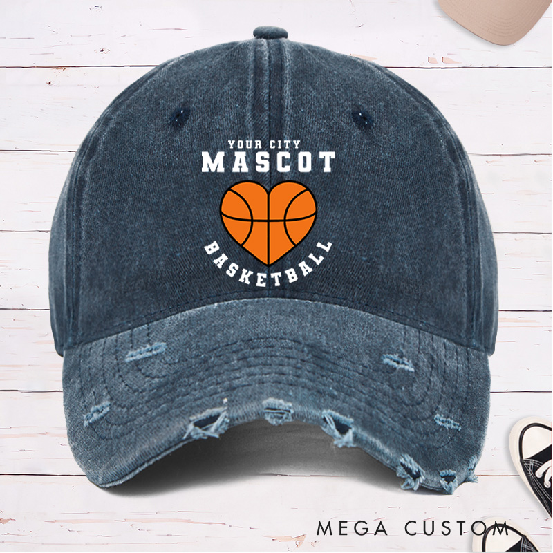 Personalized Distressed Denim Basketball Cap with Custom Team Name Mascot and Heart Basketball Graphic Design