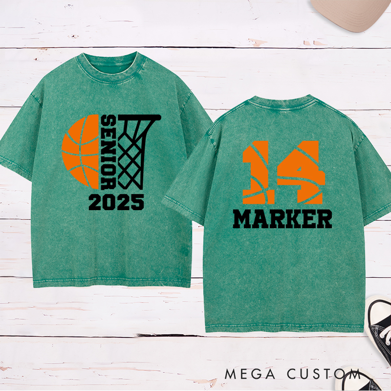 Personalized Washed T-Shirt Design Featuring Customizable Year Basketball Theme with Custom Name and Number for a Sporty Graduation Style