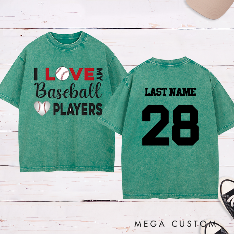 Personalized "I Love My Baseball Players" Washed T-Shirt with Custom Name and Number   