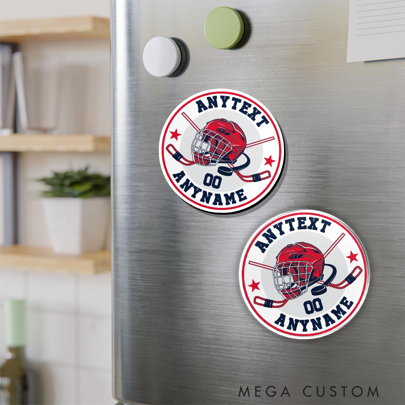 Personalized Round Hockey Fridge Magnet with Custom Name and Number 