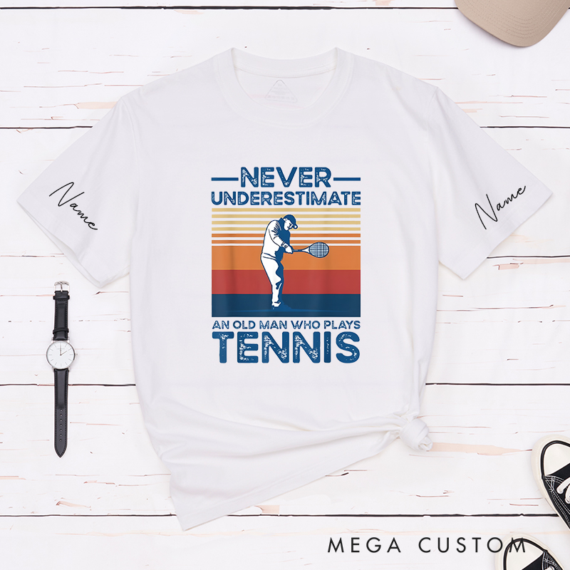 Personalized Tennis T-Shirt with Retro Sunset Graphic and Custom Name 