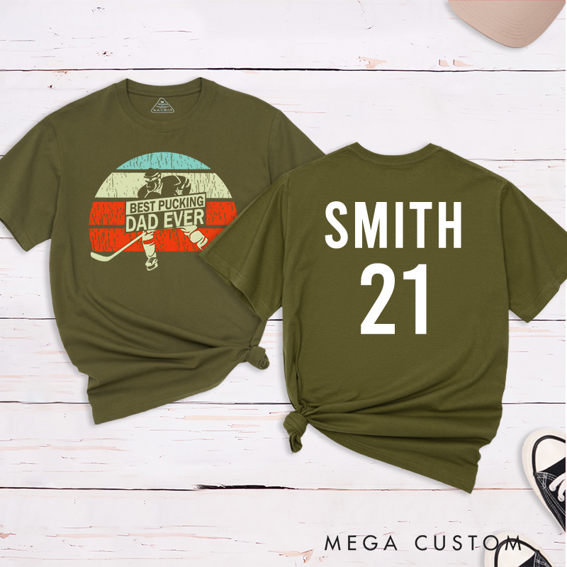 Personalized "Best Pucking Dad Ever" Hockey T-Shirt with Custom Name and Number