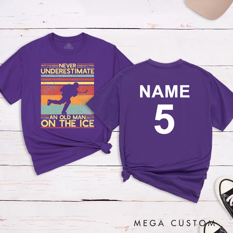 Personalized "Never Underestimate an Old Man on the Ice" Hockey T-Shirt with Custom Name and Number