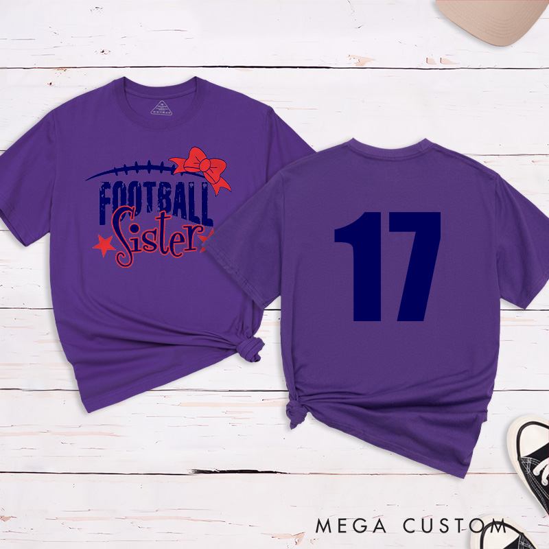 Personalized American Football and Rugby Bow Sister T-Shirts with Custom Numbers