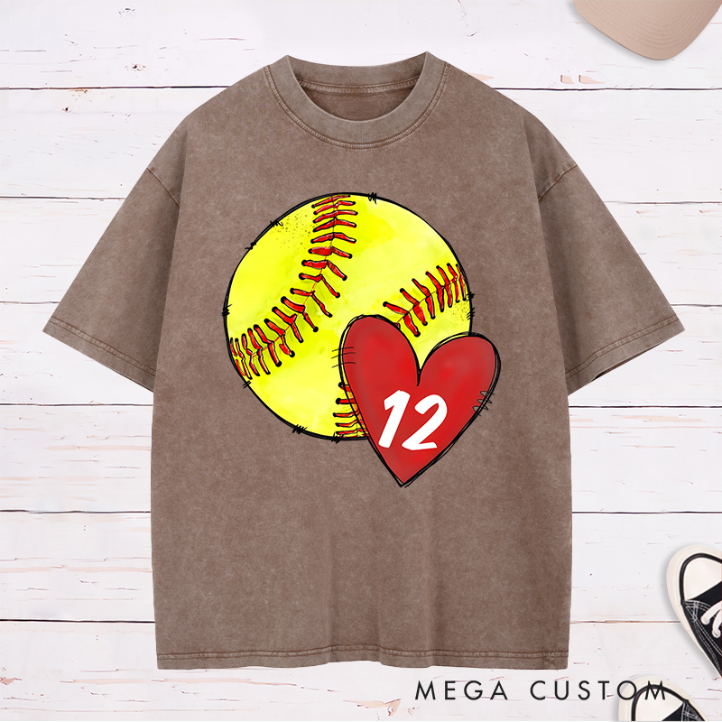 Personalized Softball Washed T-Shirt Design Featuring Hand-Drawn Softball Graphic Heart Element and Customizable Player Jersey Number for a Unique Supportive Look