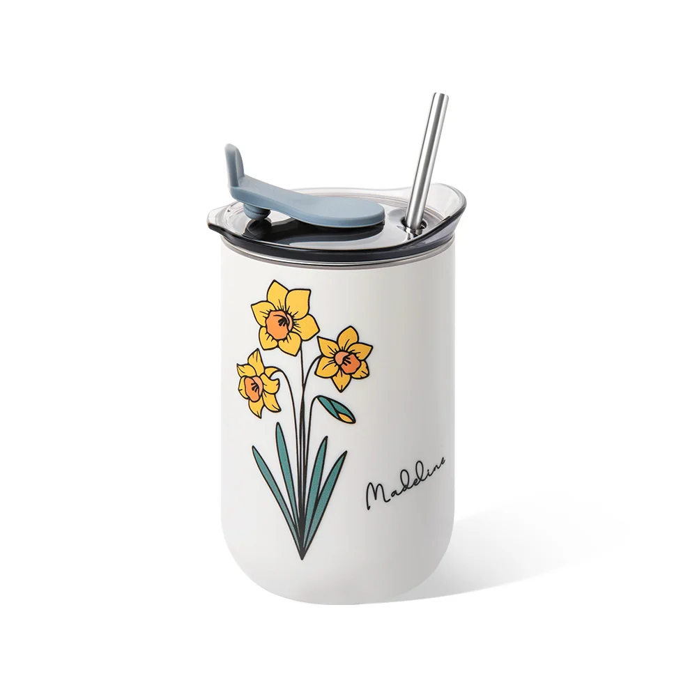 Personalized Watercolor Birth Flower Tumbler with Name Insulated Coffee Straw Tumbler Housewarming Birthday Party Favor Gift Trip Girl  Gift 