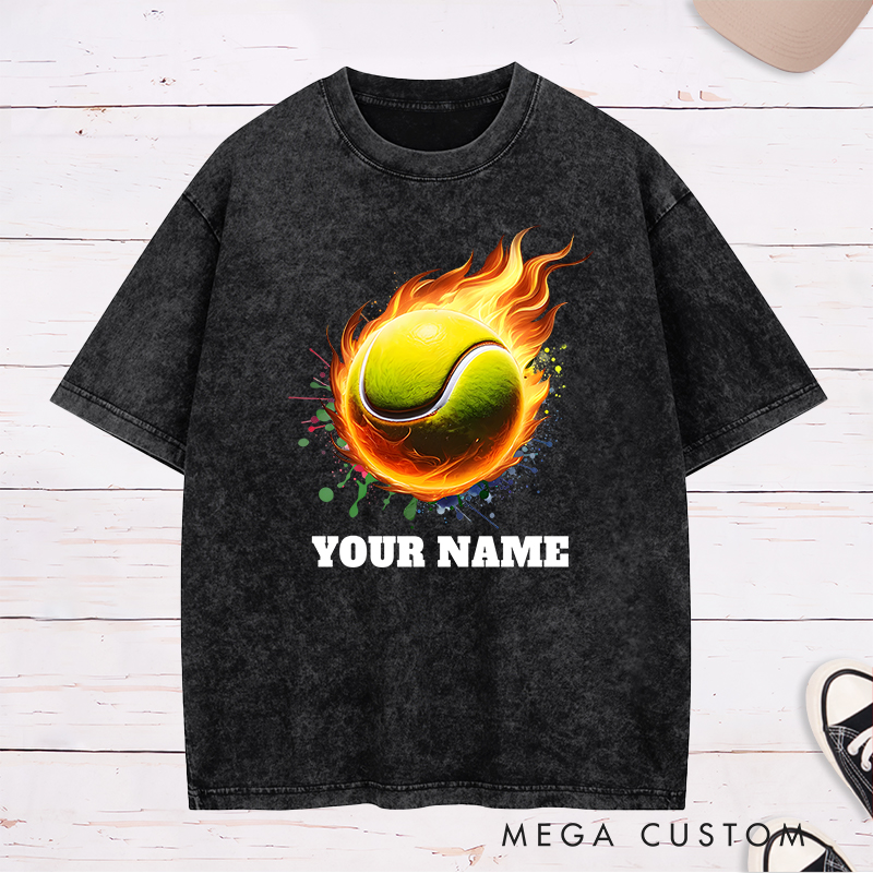 Personalized Tennis Washed T-Shirt with Flaming Ball and Custom Name 