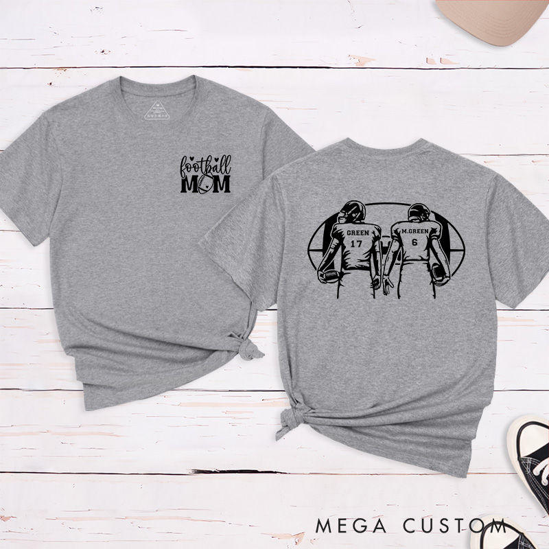 Personalized American Football Mom T-Shirts with Custom 2 Player Name and Number