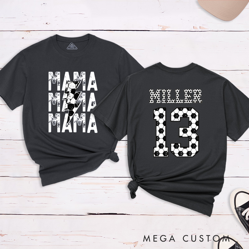 Personalized "Mama" Soccer T-Shirt with Custom Name and Number Design