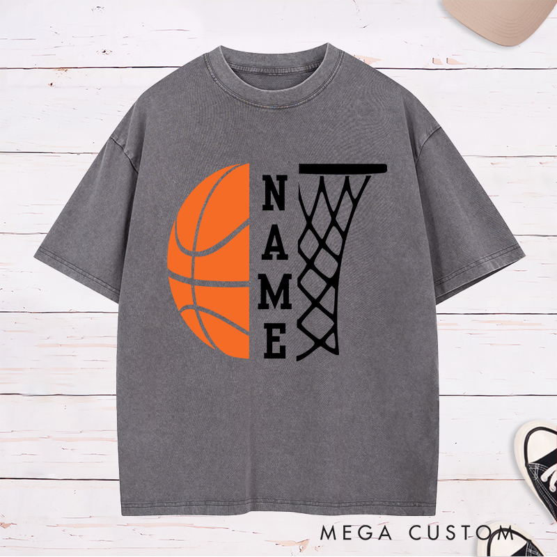Personalized Washed T-Shirt Design Featuring a Bold Basketball and Hoop Graphic with Customizable Vertical Name Option