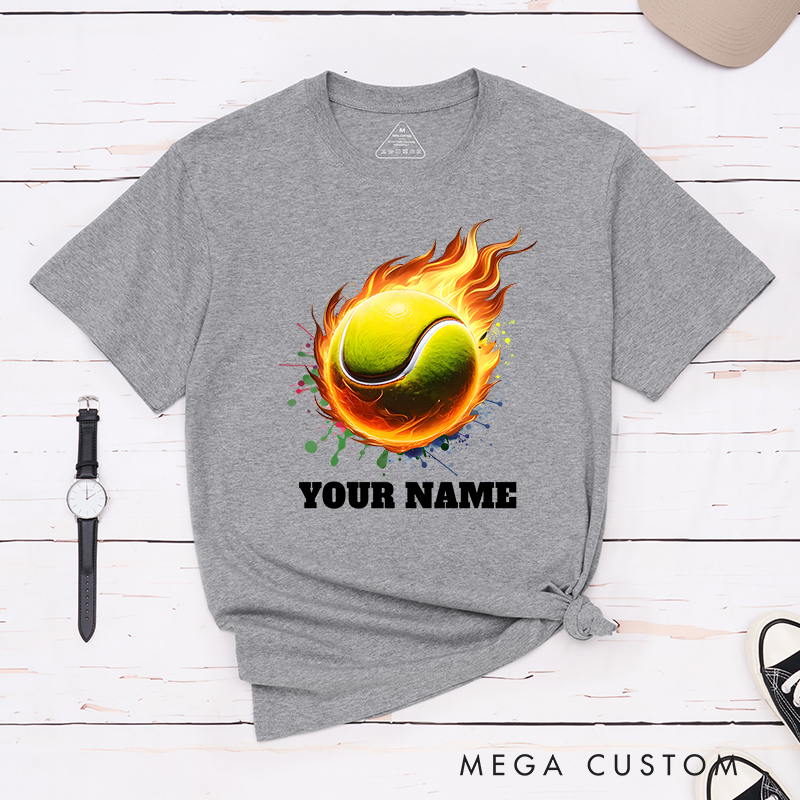 Personalized Tennis T-Shirt with Flaming Ball and Custom Name 