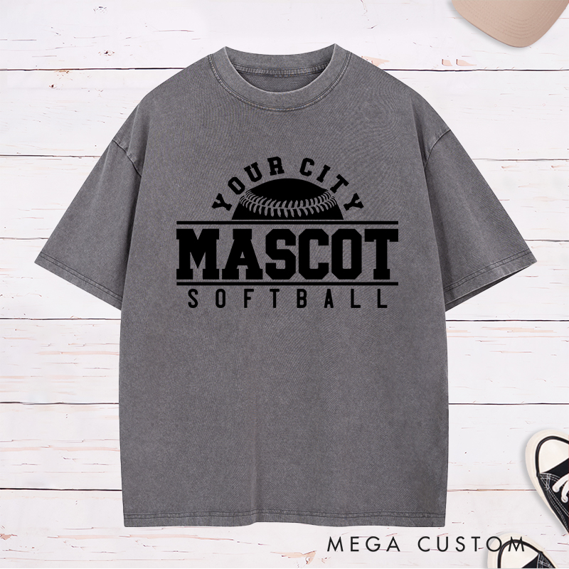 Personalized Softball Team Washed T-Shirt Design Featuring Custom City Name Team Name Bold Typography and Central Softball Graphic