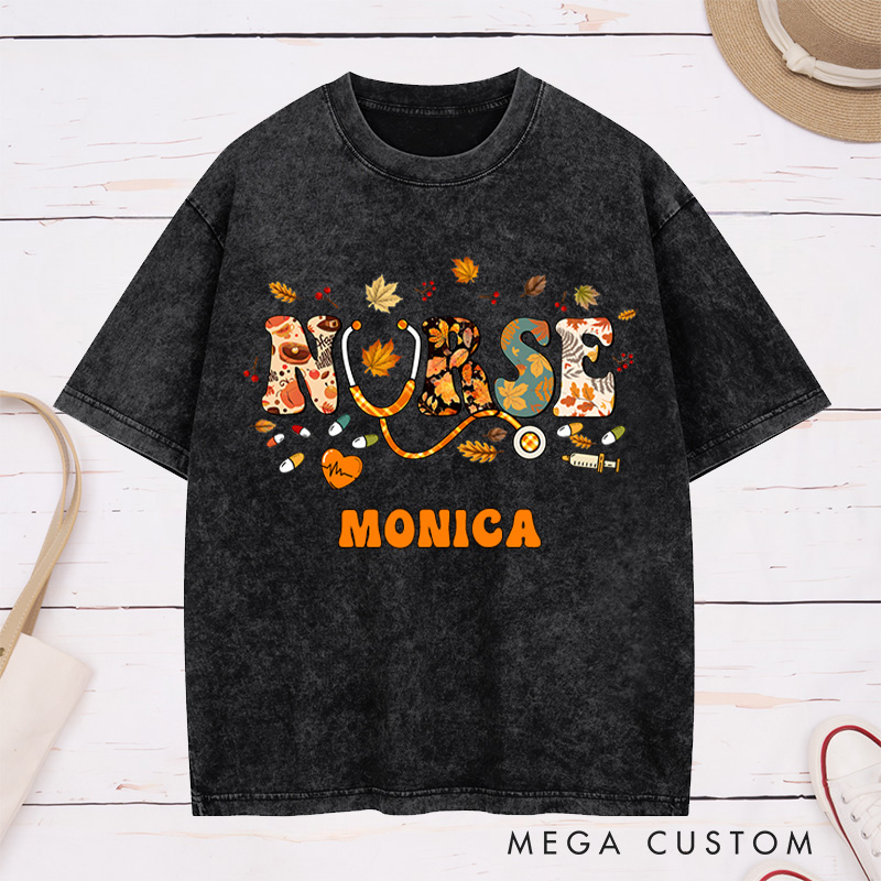 Personalized Nurse Washed T-Shirt Customized Autumn Nurse Design Washed T-Shirt 