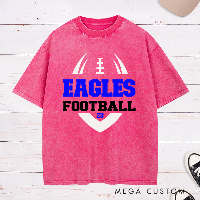 Personalized American Football Washed T-Shirt with Custom Favorite Team Name and Number-Football Season Tee