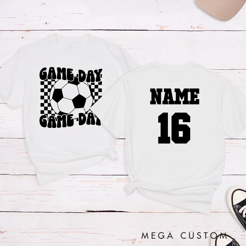 Personalized Game Day Soccer T-Shirt with Bold Checkerboard Design and Custom Name and Number