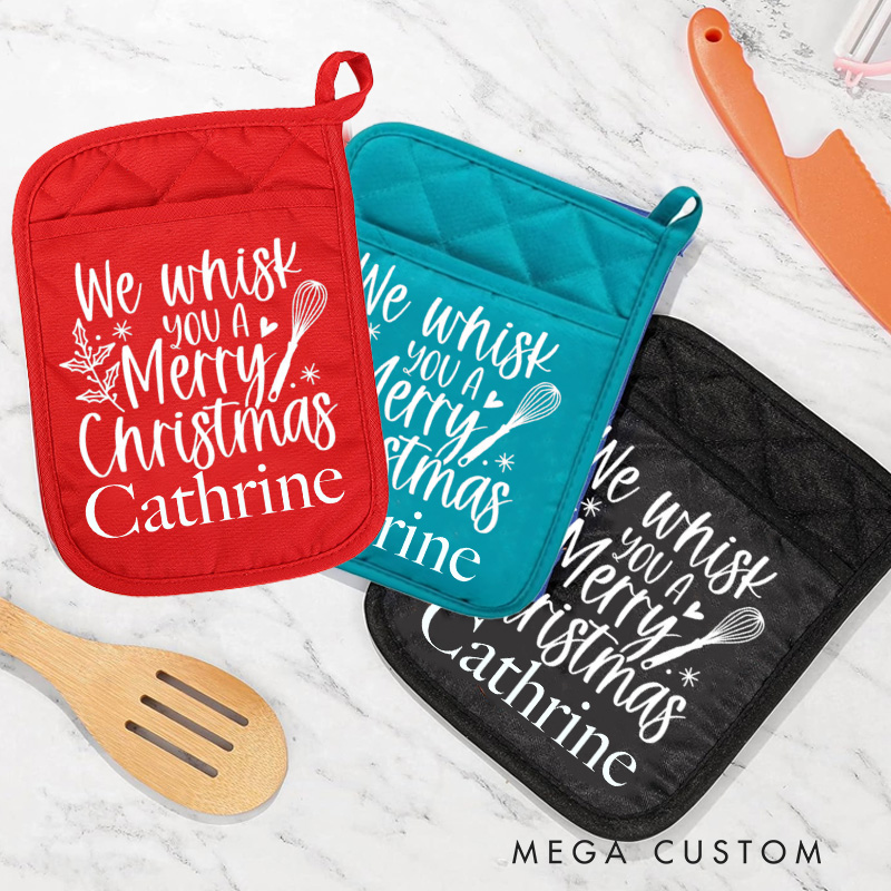 Personalized We Whisk You A Merry Christmas Pot Holders Custom Holly Potholder with Name Baking Lovers Gift Baker Gift Christmas Gift