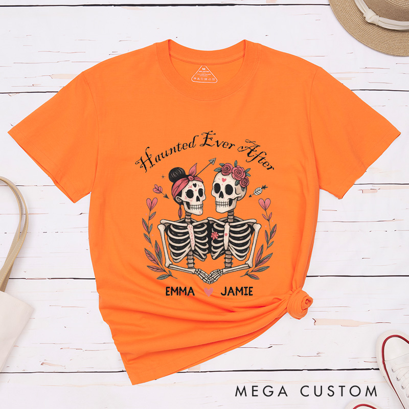 Personalized Gothic Skeleton Couple Matching Halloween T-Shirt Funny Haunted Ever After Shirt for Couple