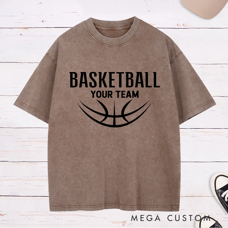 Personalized Washed T-Shirt Design Featuring a Minimalist Basketball Graphic with Customizable Team Name