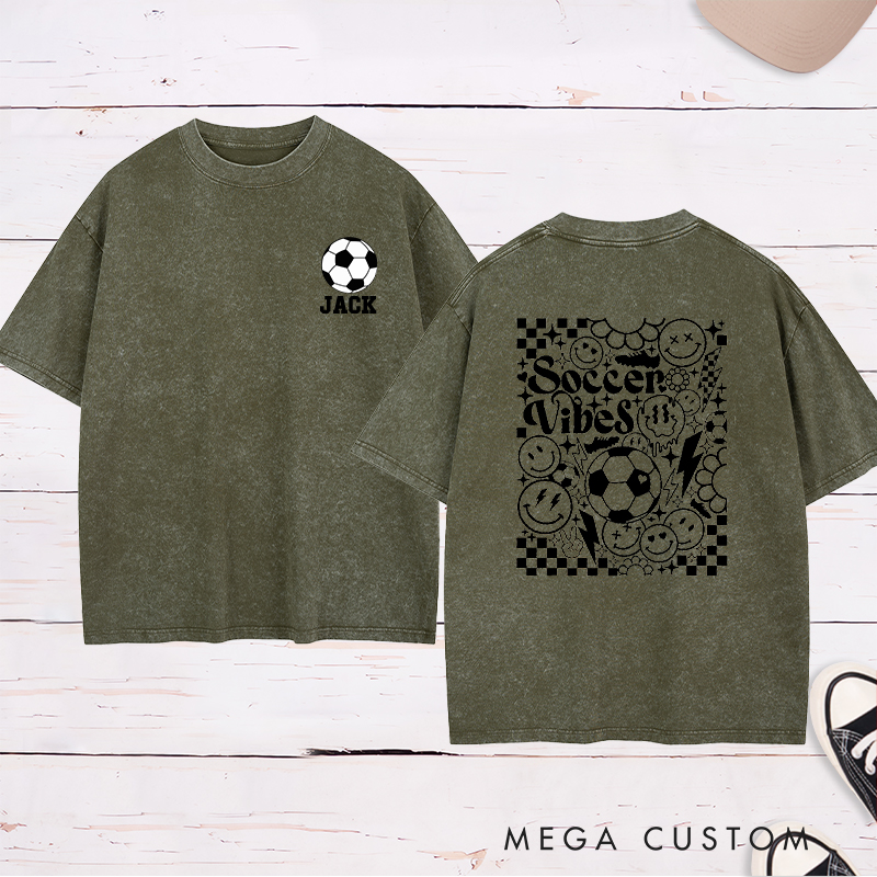 Personalized Soccer Washed T-Shirt with Custom Name and Bold Checkerboard Accents