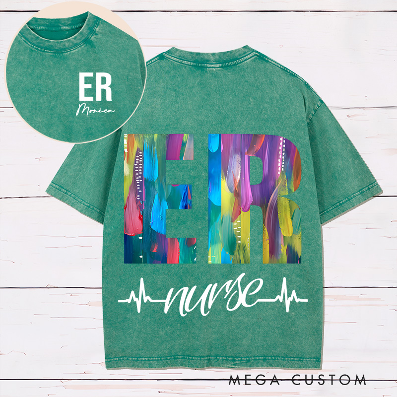 Personalized Two Sides Printed Washed T-Shirt Customized ER Nurse Vibrant Artistic Design Washed T-Shirt 