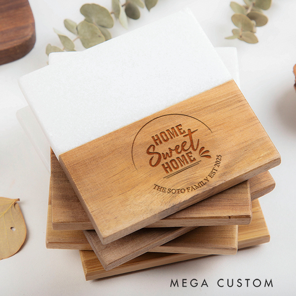 Personalized Marble and Wood Coaster Floral Accent Home Sweet Home Coaster New Home Gift for Couple Housewarming Coasters Moving Gifts Home Sweet Home