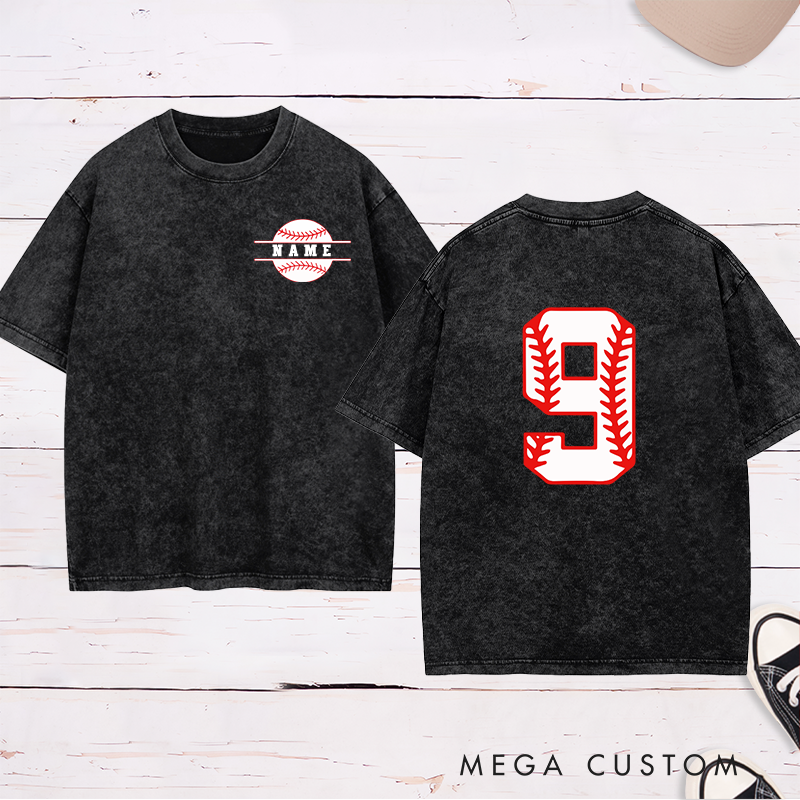 Personalized Sports Fan Washed T-Shirt with Unique Baseball-Inspired Number and Name Print